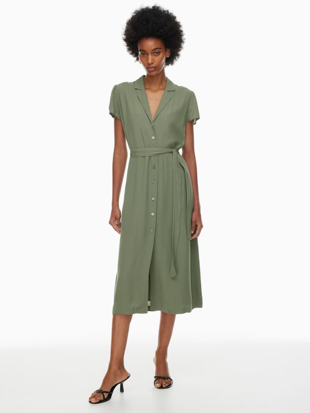 Wilfred Aritzia Button Up Crepe Shirt Dress Sage Green Pockets Missing Belt S